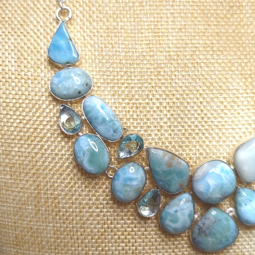 Natural Larimar Statement Necklace With Aquamarine Accents - Picture 5 of 8